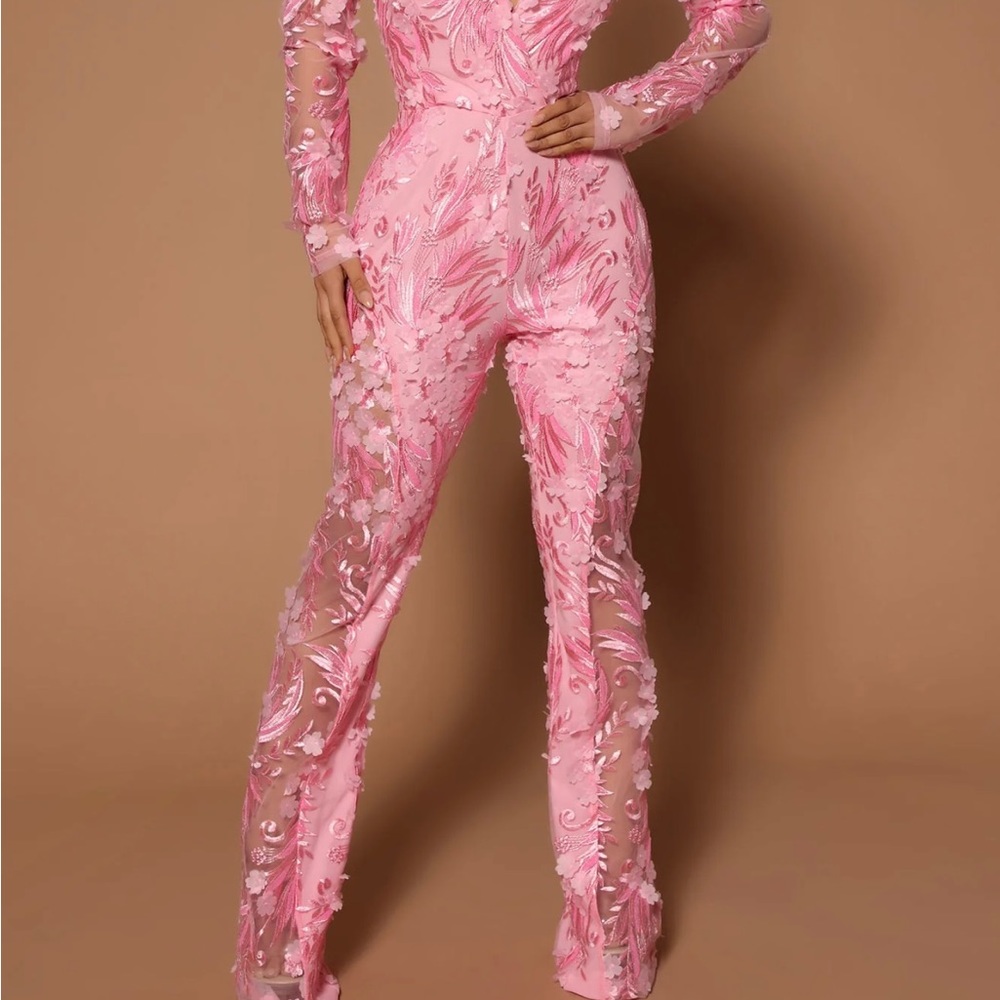 Chantal Long Sleeve Lace Jumpsuit - Pink